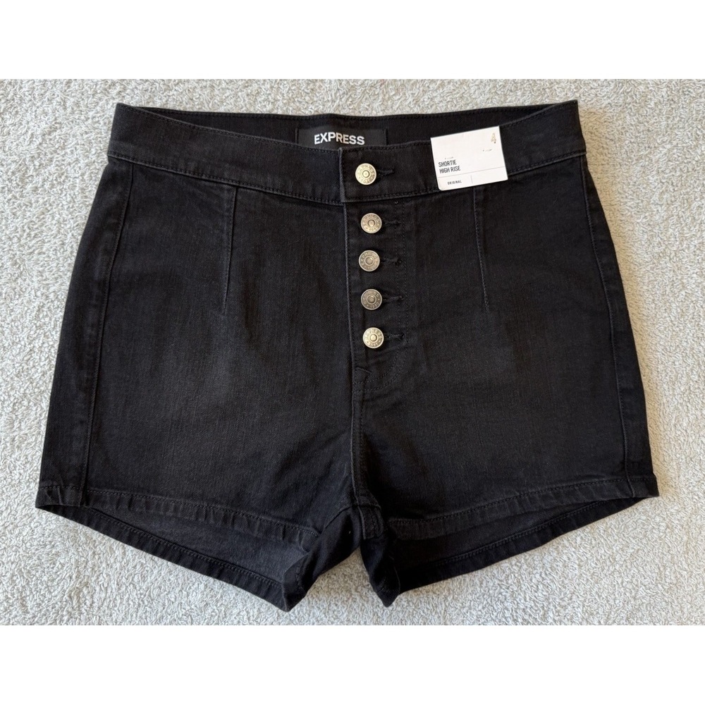 NWT Express Shortie High Rise Exposed Button Denim Shorts Womens Black Size‎ 4
